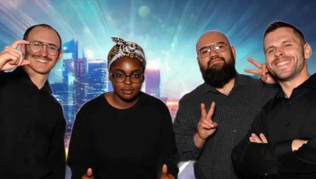 four people posing for an ai photo booth with an ai generated background os buildings and city lights