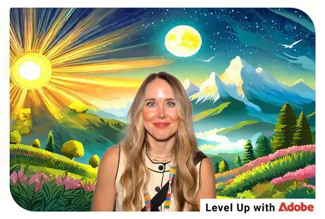 a woman posing for a green screen photo booth with sunset and mountain backdrop