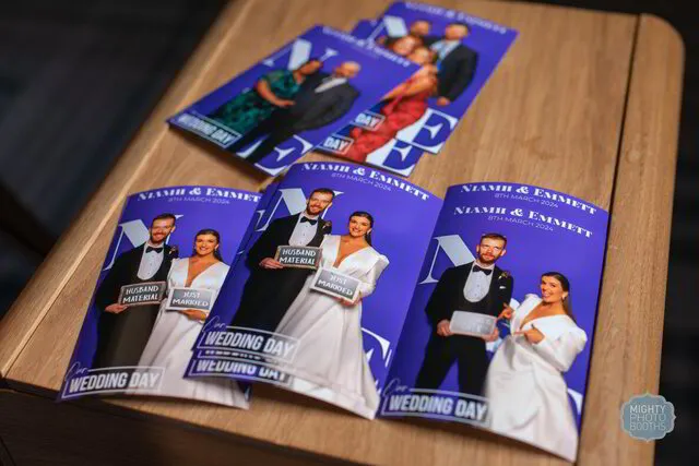 printed wedding photos with a customized overlay  from a magazine photo booth with